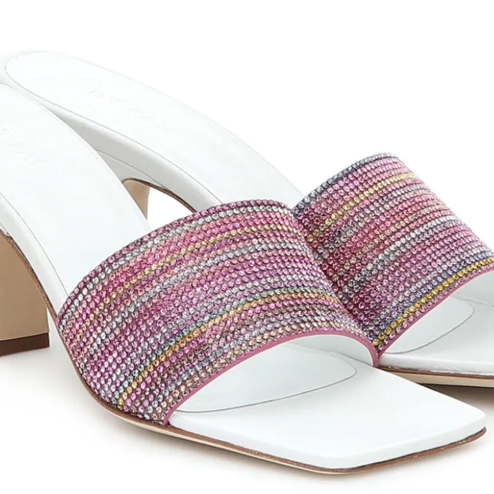 By Far Dylan Crystal Strap Sandals Square Toe Leather Heels 8